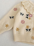 Adorable Floral Embroidery Ruffle Collar Knitted Sweater Top - Soft Cotton, Long-Sleeved, Baby Girl Cardigan Coat for Spring and Autumn - New Season Essential for Little Princesses