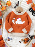 Adorable Cartoon Ghost Embroidered Sweater - Soft Cable Knit Long Sleeve Top for Toddler & Infant Boys, Perfect for Fall and Winter, Casual Wear, Letter Print Design, Halloween Theme, Comfortable and Cozy Clothing for Little Ones