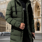 Men's Winter Thickened Padded Hooded Pullover Coat, Windproof Mid-Length Warm Casual Fashion Cotton Jacket, Polyester Fabric, Solid Color, Regular Sleeves, Long Length, Zipper Closure, Pocket Detail, Daily & Leisurewear