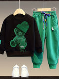 2pcs Boy's Beanie Bear Patched Outfit, Sweatshirt & Sweatpants Set, Trendy Long Sleeve Top, Kid's Clothes For Spring Fall, As Gift