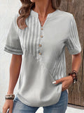 greatnfb  Striped Print Notched Neck Blouse, Casual Short Sleeve Button Front Blouse For Spring & Summer, Women's Clothing