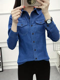 Plain Washed Blue Long Sleeve Casual Style Denim Shirts Top, Women's Denim Jeans & Clothing