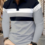 Men's Stylish Color Block Polo Shirts - Long Sleeve Lapel Golf Polos with Mid Stretch, Regular Fit, and Casual Style for Spring/Autumn Season Wear