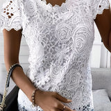 greatnfb  Lace Crew Neck T-Shirt, Elegant Short Sleeve T-Shirt For Spring & Summer, Women's Clothing