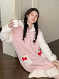 Luxurious Bow Pattern Fuzzy Robe for Women - Soft Long Sleeve Hooded Sleepwear with Buttons, Ruffles, and Pockets - Cozy Plush Winter Nightwear for Cold Nights