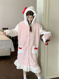 Luxurious Bow Pattern Fuzzy Robe for Women - Soft Long Sleeve Hooded Sleepwear with Buttons, Ruffles, and Pockets - Cozy Plush Winter Nightwear for Cold Nights