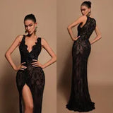 Gorgeous Black Mermaid Evening Elegant V Neck Lace Illusion Prom Dress Split Long Dresses For Special Ocns 0515