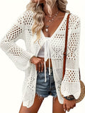 Plus Size Scallop Trim Solid Kimono, Casual Cut Out Long Sleeve Lace Up Kimono, Women's Plus Size Clothing