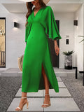 greatnfb  Solid Color V-neck Dress, Elegant Ruffle Sleeve Split Hem A-line Dress For Spring & Summer, Women's Clothing