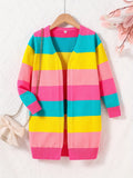 Vibrant Rainbow Striped Long Sleeve Knit Cardigan for Girls - Soft, Comfy, and Cozy Design for Autumn and Winter - Perfect for Casual Daily Wear, School, or Outdoor Activities