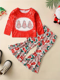 Toddler Girls 2pc Sweet Christmas Outfits, Pullover + Flare Pants Set Kids Clothes Spring Fall Gift Christmas, girl's outdoor wear