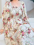 greatnfb  Floral Print Square Neck Dress, Elegant Frill Long Sleeve Ruffle Hem Dress For Spring & Fall, Women's Clothing