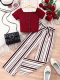 2PCS Girls Puff Short Sleeve T-shirt Top + Stripped Pants Set Spring Fall Christmas Gift, perfect for outdoor fashion wear