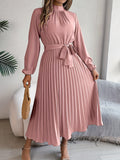 greatnfb  Solid Color Mock Neck Pleated Dress, Elegant Long Sleeve Belted A-line Dress, Women's Clothing