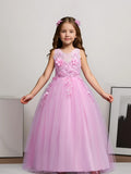 Elegant Princess Lace Gown for Girls - Flower Accents, Sleeveless Tulle, Full-Length - Ideal for Weddings, Pageants, and Formal Events