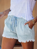 greatnfb Raw Hem Drawstring Elastic Waist Denim Shorts, Casual Slash Pocket Denim Shorts, Women's Denim Jeans & Clothing