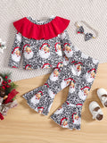 Christmas Dress Up, Long Sleeve Pullover Top & Flared Long Pants Set With Cartoon Santa Leopard Print For Toddler Baby Girls Outdoor Clothes