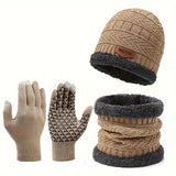 Cozy 3pcs Winter Set: Thick Fleece-Lined Beanie, Scarf & Touchscreen Gloves -, Cotton, Hand Washable