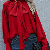 greatnfb  Ruffle Trim Tie Neck Blouse, Casual Solid Long Sleeve Blouse For Spring & Summer, Women's Clothing