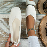 Women's Solid Color Flat Shoes, Breathable Knit Square Toe Shoes, Lightweight & Comfortable White Shoes