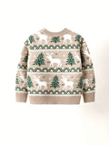 Boys Cozy Cartoon Deer & Trees Graphic Knit Pullover Sweater - Soft Viscose Blend, Crew Neck, Long Sleeve, Regular Fit - Perfect for Winter, Spring, and Autumn