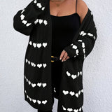 Plus Size Heart Pattern Knitted Cardigan, Casual Long Sleeve Open Front Cardigan, Women's Plus Size Clothing