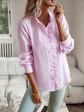 greatnfb  Striped Print Button Front Shirt, Ruffle Trim Long Sleeve Shirt For Spring & Fall, Women's Clothing