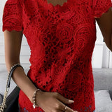 greatnfb  Lace Crew Neck T-Shirt, Elegant Short Sleeve T-Shirt For Spring & Summer, Women's Clothing