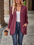 Plus Size Open Front Ribbed Cardigan, Casual Dual Pockets Long Sleeve Cardigan For Fall, Women's Plus Size Clothing