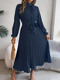 greatnfb  Solid Color Mock Neck Pleated Dress, Elegant Long Sleeve Belted A-line Dress, Women's Clothing