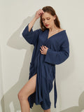 Women's Solid Waffle Lounge Robe - Casual, Long Sleeve, V Neck, Pocketed, With Belt, Soft and Cozy Loungewear for Relaxation