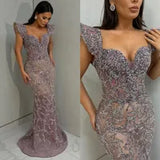 Gorgeous Mermaid Evening Dresses Elegant Capped Prom Dress Pleats Beaded Crystal Custom Made Formal Dresses For Women 0515