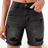 greatnfb Black Ripped Holes Denim Shorts, Raw Hem Slim Fit Slant Pockets Denim Shorts, Women's Denim Jeans & Clothing