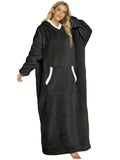 Solid Plush Hooded Robe, Warm & Comfy Long Sleeve Robe With Pockets, Women's Sleepwear