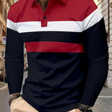 Men's Stylish Color Block Polo Shirts - Long Sleeve Lapel Golf Polos with Mid Stretch, Regular Fit, and Casual Style for Spring/Autumn Season Wear