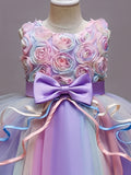 Elegant Girls' Unicorn Birthday Party Dress - Rainbow Tulle Ball Gown with Floral Applique, Comfort Fit