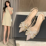 New slim heeled pointed bride's wedding shoes with sparkling material, rhinestone bow tie, back air glass glue high heels, sandals