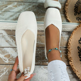 Women's Solid Color Flat Shoes, Breathable Knit Square Toe Shoes, Lightweight & Comfortable White Shoes