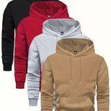 4 Pcs Men's Solid Color Hoodie - Soft, Breathable, Casual Long Sleeve Hooded Sweatshirt with Kangaroo Pocket for Outdoor Activities, Daily Wear, and Travel - Comfortable, Relaxed Fit