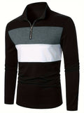 Classic Long Sleeve Polo Shirt for Men - Three-Color Stitching, Zipper Closure, Casual Style - New  Fashion Essential