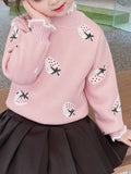 Girls' Cozy Strawberry Sweet Lettuce Collar Sweater - Thermal Lined, Warm, Comfy, Thick Long Sleeve Pullover with Cute Pattern - Perfect for Casual Winter Wear