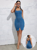 Women's Split Denim Bodycon Dress, Sexy Sleeveless, Knee-Length, Slim Fit, Summer Fashion, Back Zip Closure, Casual Streetwear