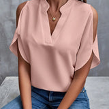 greatnfb  Solid Notched Neck Simple Blouse, Elegant Split Sleeve Blouse For Spring & Summer, Women's Clothing