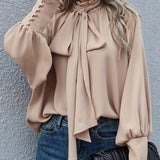 greatnfb  Ruffle Trim Tie Neck Blouse, Casual Solid Long Sleeve Blouse For Spring & Summer, Women's Clothing