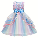 Elegant Girls' Unicorn Birthday Party Dress - Rainbow Tulle Ball Gown with Floral Applique, Comfort Fit