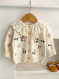 Adorable Floral Embroidery Ruffle Collar Knitted Sweater Top - Soft Cotton, Long-Sleeved, Baby Girl Cardigan Coat for Spring and Autumn - New Season Essential for Little Princesses