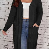 Plus Size Solid Color Double Pockets Cardigan, Casual Open Front Long Sleeve Cardigan For Spring & Fall, Women's Plus Size Clothing