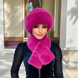 Women's 2-Piece Set Thick Warm Faux Fur Hat and Scarf Combo, Polyester Knit Winter Ear Warmer Cap with Toggle Closure, Fashionable Mongolian Style Hat, Solid Color Hand Wash Only - Fall/Winter Urban Collection