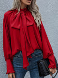 greatnfb  Ruffle Trim Tie Neck Blouse, Casual Solid Long Sleeve Blouse For Spring & Summer, Women's Clothing