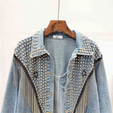 Spring Summer Woman Denim Coat Beading Rivet Vintage Boyfriend Style Jacket Female Chic Fashion Long Sleeve 210603